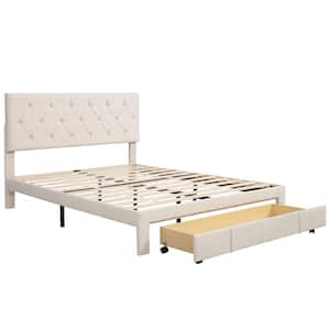 60 in.W Beige Queen Size Velvet Upholstered Platform Bed with Big Storage Drawer and Classic Upholstered Headboard