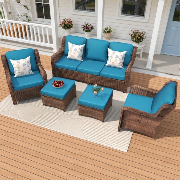 Brown Gray 5-Piece Wicker Outdoor Patio Conversation Seating Set with Peacock Blue Cushions
