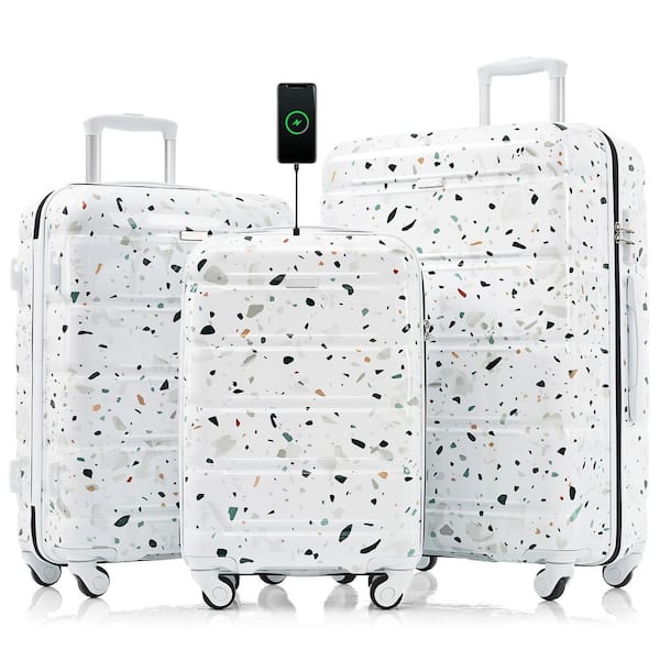 3-Piece White Airline Certified Luggage Set with USB Port