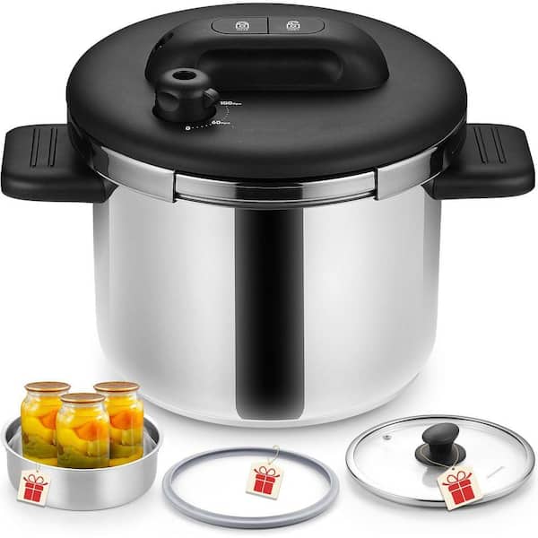 6.3 Qt Stainless Steel Pressure Cooker w/ Glass Lid & Steamer, 3 Pressure Settings, Induction Ready, One-Press Lock
