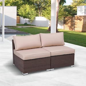 Brown 2-Piece Patio Wicker Loveseat, Outdoor Sectional Armless Sofa Additional Furniture Set with Beige Cushions