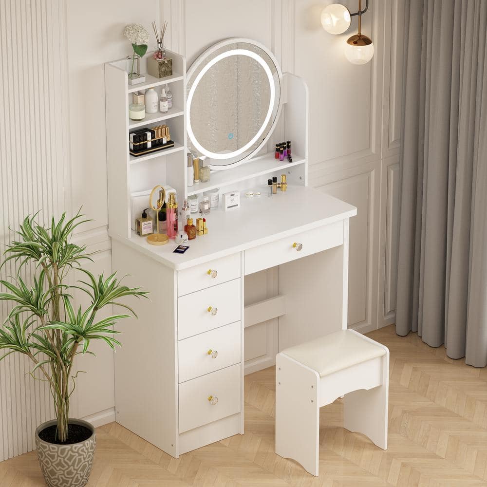 White Wood Makeup Vanity Set with LED Mirror and Stool
