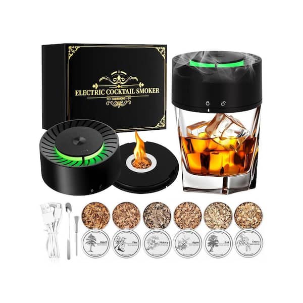 Black Electric Whiskey Smoker Kit with 6 Wood Chips, Built in lighter, No need for butane