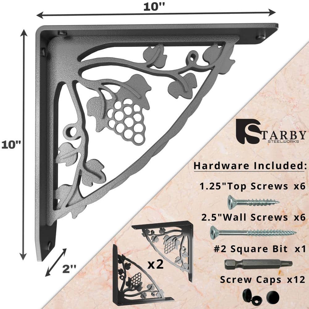 Madeira 10" Black Coated Iron Ornate Shelf Bracket Set