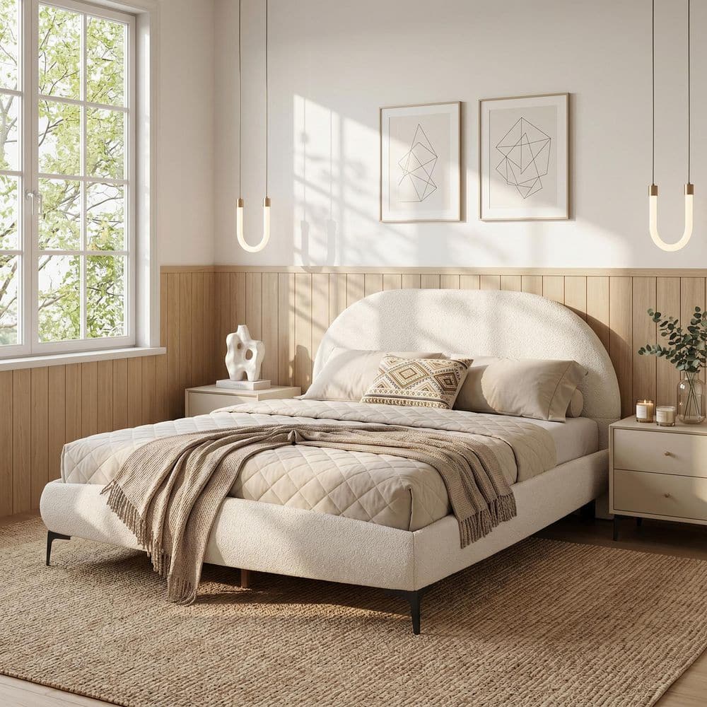Tilly Modern Cream White Boucle Upholstered Wood Frame Queen Platform Bed with Curved Headboard price history on PriceWatchPro