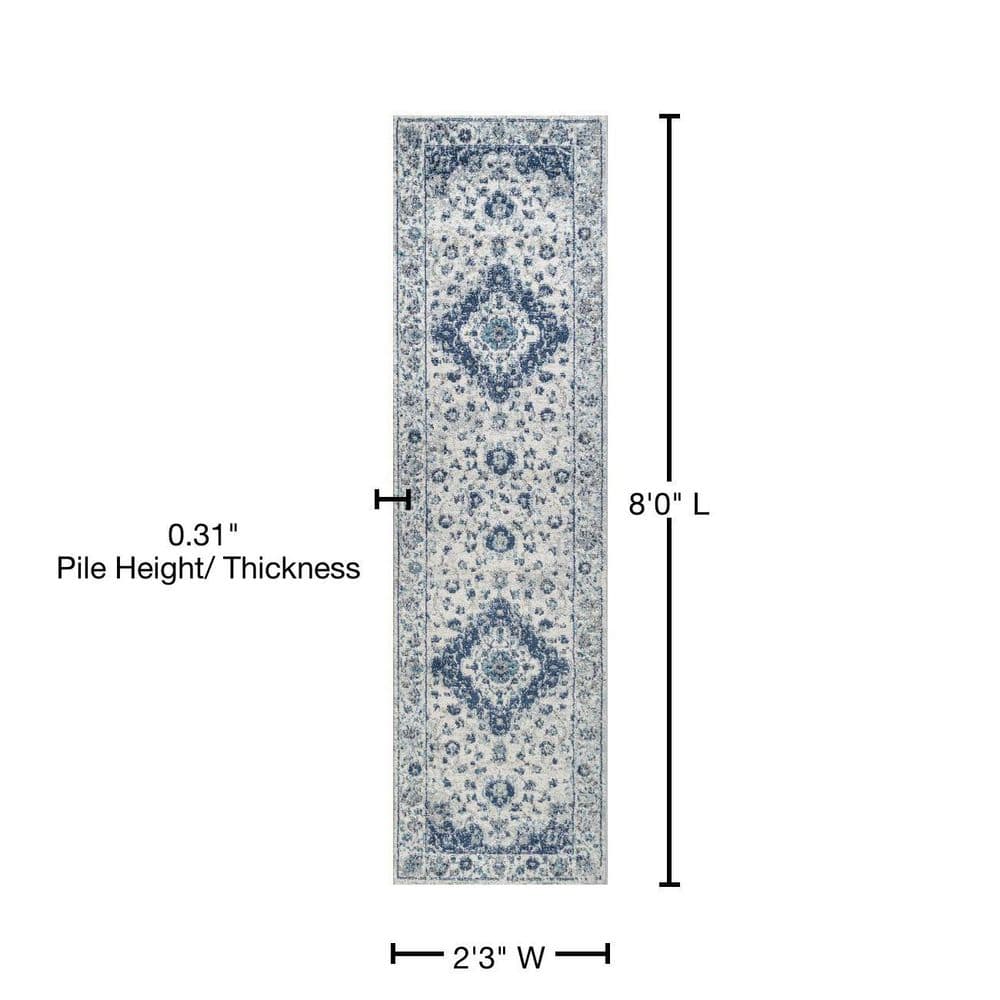 French Country Blues Medallion 2x8 Runner Rug in Synthetic Weave