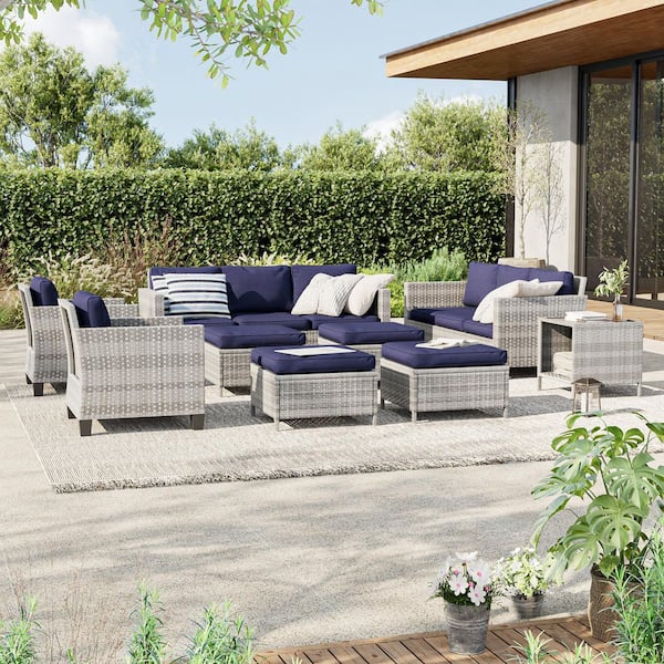 9-Piece Gray Wicker Outdoor Seating Sofa Set with Coffee Table, Navy Blue Cushions