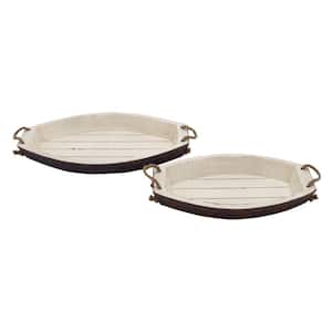 White Wood Sail Boat Decorative Tray with Rope Handles (Set of 2)