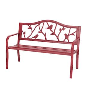 50 in. Outdoor Metal Patio Bench Garden Bench in Red with Bird Pattern Backrest