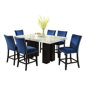 Camila White Marble 70 in. Rectangle Counter Height Dining Set 5-Pieces with 8-Blue Velvet Upholstered Side Chair