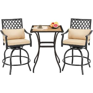 Black 3-Piece Metal 36.4 in. Swivel Outdoor Bistro Set with Beige Cushions