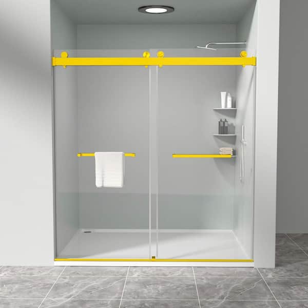 Frameless Double Sliding Shower Door, Fits 68-72 in. W x 76 in. H, with 3/8 in. Tempered Glass, Brushed Gold
