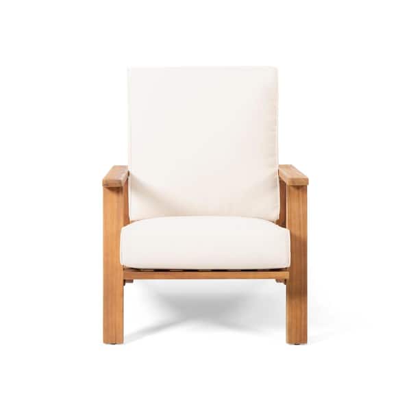 SUNMTHINK Brown Removable Cushions Wood Outdoor Patio Lounge Chair with Beige Cushion