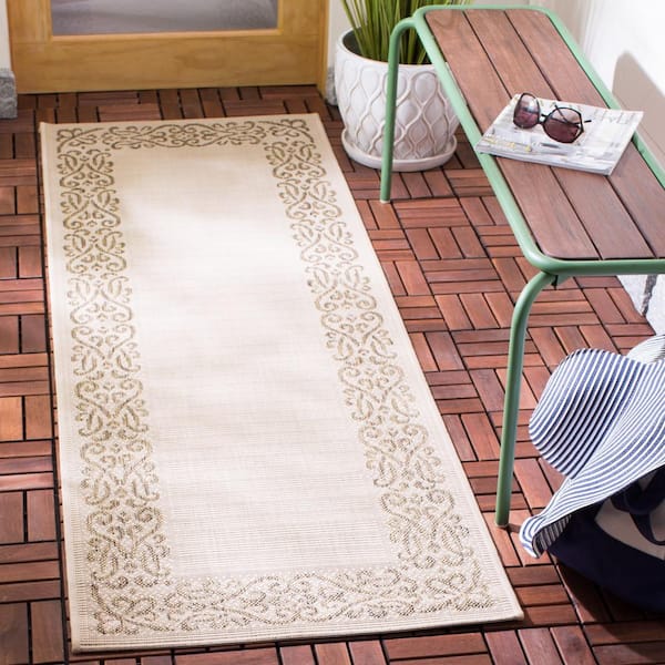 Courtyard Natural/Brown 2 ft. x 12 ft. Border Indoor/Outdoor Patio  Runner Rug