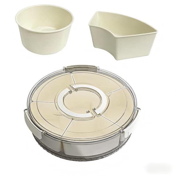 12 in. 64 fl. oz. White Plastic Rotating Snackle Box Container with Lid Handle 6 Compartments for Picnic (Set of 1)