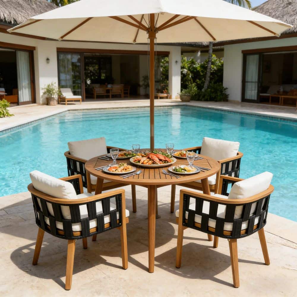 Kayla 5-Piece Teak Finish Solid Wood Round Patio Outdoor Dining Set with Cream Cushions, Tapered Legs price history on PriceWatchPro