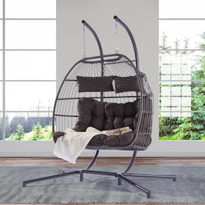 2-Person Hanging Egg Swing Chair Wicker Patio, Double Hammock Chair with Cushion and Stand in Gray