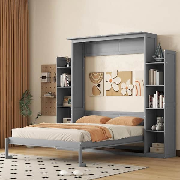 Irving Gray Wood Frame Queen Size Murphy Bed, Wall Bed Cabinet with Shelves, LED Light