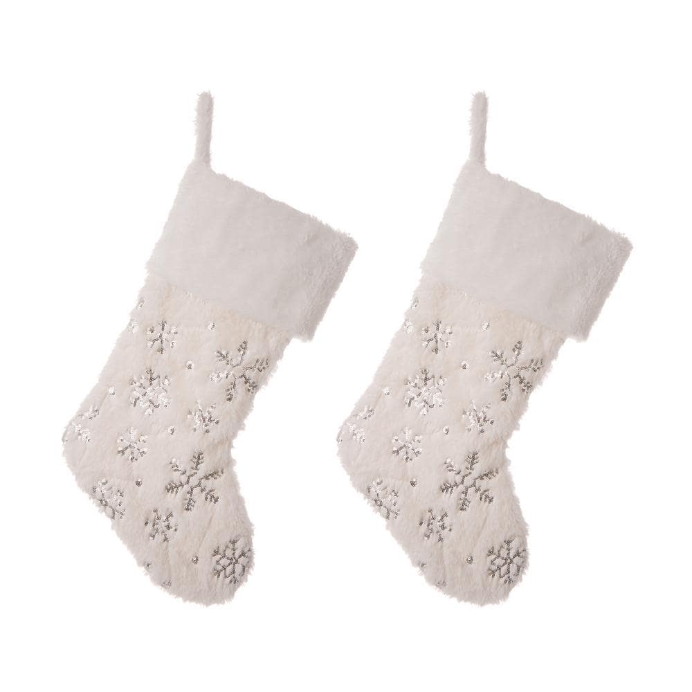 Set of 3 White Christmas Stockings 21/" Faux Furry Silver Large Snowflake Xmas US