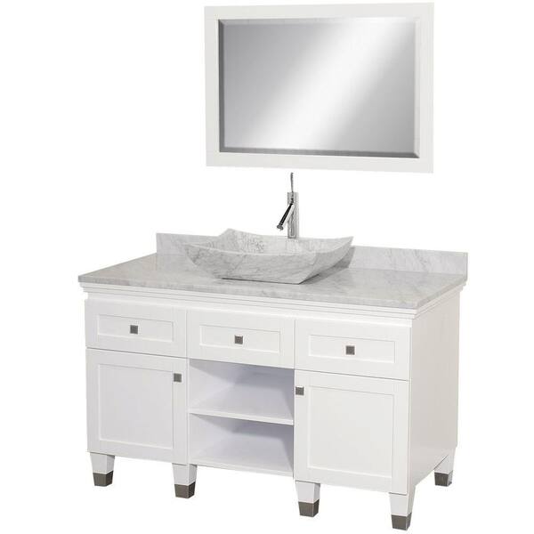 Wyndham Collection Premiere 48 in. Vanity in White with Marble Vanity Top in Carrara White with Sink and Mirror