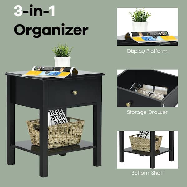 Costway 1-Drawer Black Nightstand End Table Storage 18 in. L