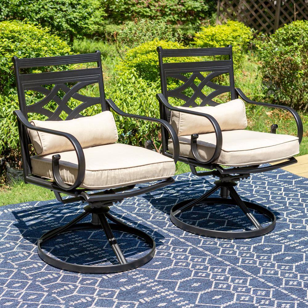 7-Piece Black Steel Patio Dining Set with Beige Cushions