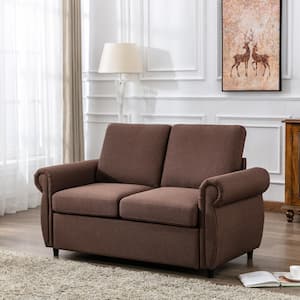 84.6 in. W Brown Linen Twin Size 2 Seats Folding Sofa Bed with Twin Size Memory Mattress