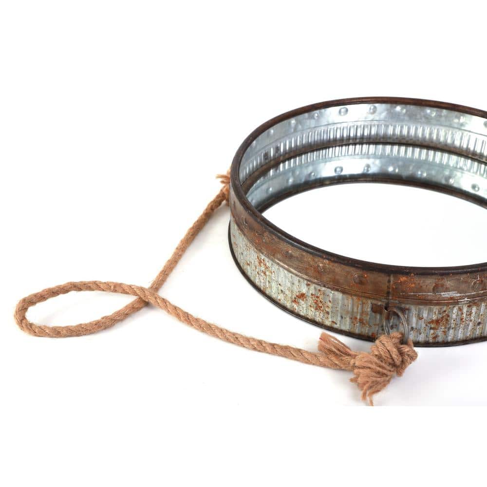 Rustic Galvanized Metal 16" Round Wall Mirror with Jute Rope
