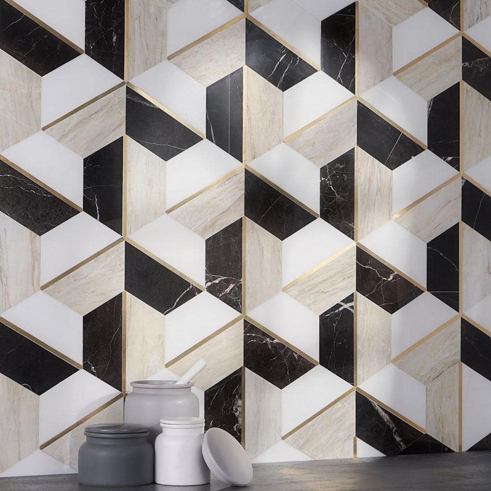 Saint Laurent Polished Marble and Brass Hexagonal Mosaic Tile
