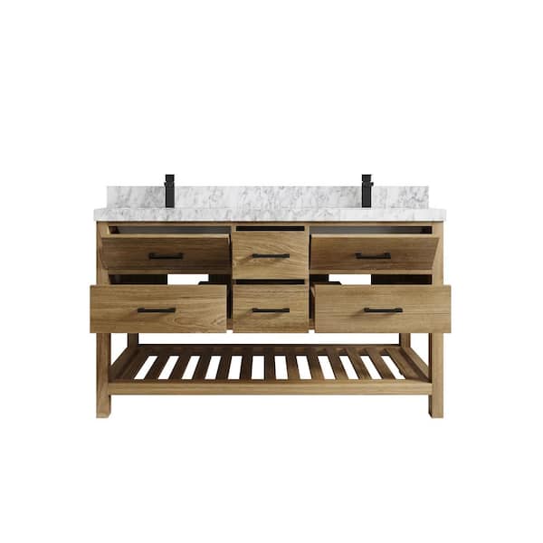 Willow Collections Parker Teak 60 in. W x 22 in. D x 36 in. H Double Sink Bath Vanity in Premium Polish with Carrara Marble Top