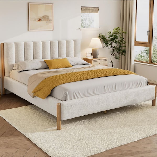 CHRISTOPHER KNIGHT HOME Alder Modern White Boucle Fabric Upholstered Wood Frame Queen Size Platform Bed with Tufted Headboard