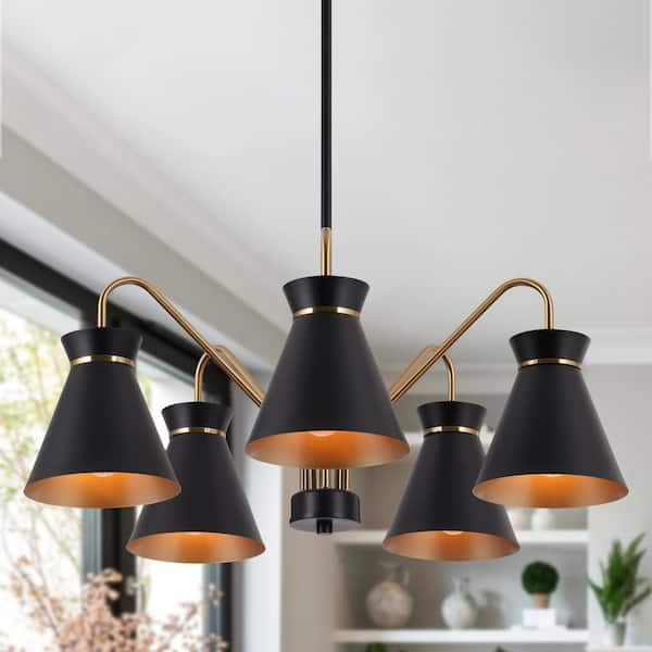 Zevni 23 in. 5-Light Black Sputnik Chandelier, Modern Polished Brass Round Chandelier, Industrial DIY Hanging Pendant Light