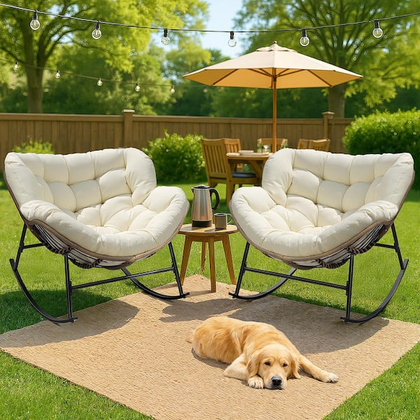 Unbranded 2-Pieces Oversized PE Wicker Outdoor Rocking Chair Papasan Lounge Chair with Beige 5.1 in. Thick Cushion