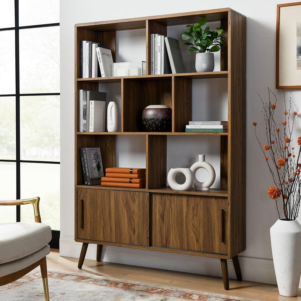 MODWAY Transmit 67 in. Tall Walnut Wood 8-Shelf Bookcase with