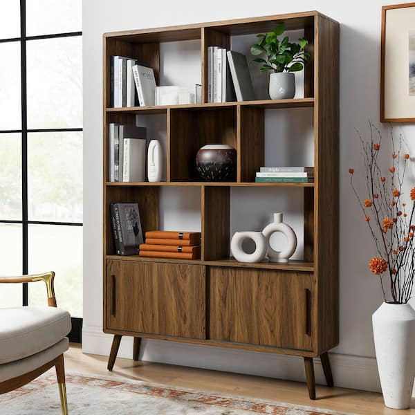 MODWAY Transmit 67 in. Tall Walnut Wood 8-Shelf Bookcase with