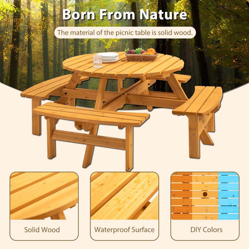 Natural Brown Round Wood Picnic Table with Built-in Benches and Umbrella Hole