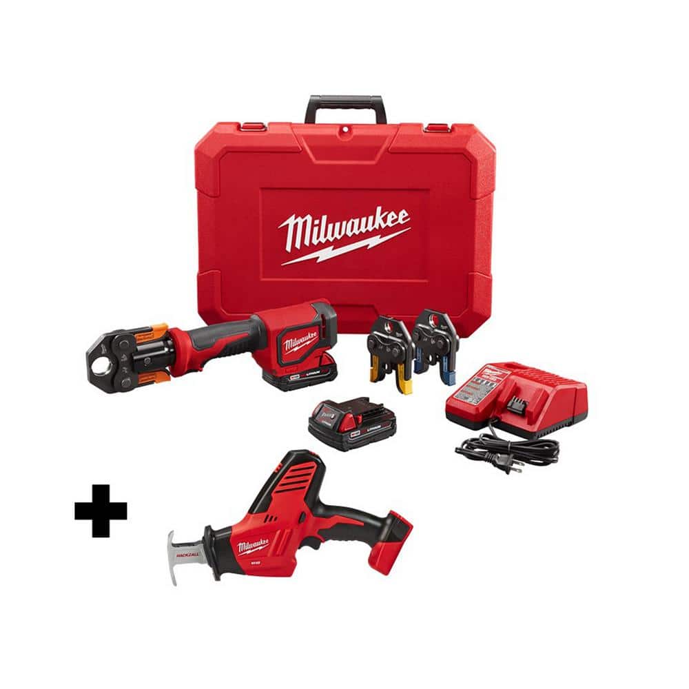 Milwaukee M18 18-Volt Lithium-Ion Cordless Short Throw PEX Press Tool Kit  with in. Viega PureFlow Jaws and Hackzall 2674-22P-2625-20 The Home  Depot