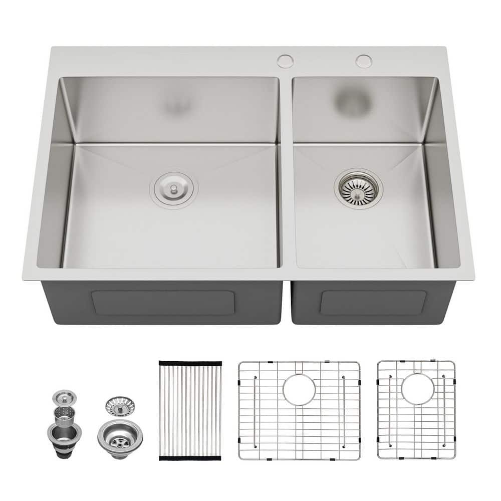 33 in. Drop-In Double Bowl 16 Gauge Brushed Nickel Stainless Steel Kitchen Sink with Drain Assembly price history on PriceWatchPro