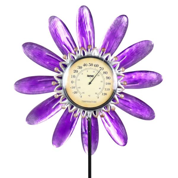 Exhart 4.13 ft. Purple Metal Spinning Flower Thermometer Garden Stake