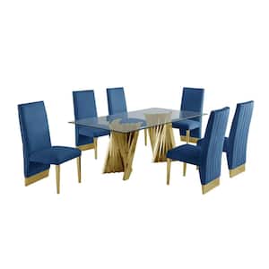 Becky 7-Piece Rectangular Glass Top with Gold Stainless Steel Base Table Set with 6-Navy Blue Velvet Chair