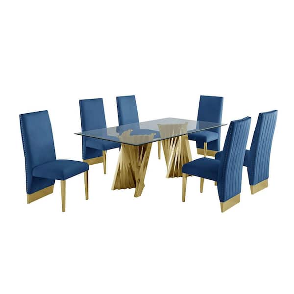 Best Quality Furniture Becky 7-Piece Rectangular Glass Top with Gold Stainless Steel Base Table Set with 6-Navy Blue Velvet Chair