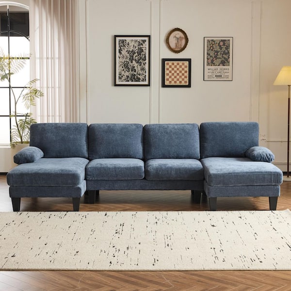111 in. Pillow Top Arm 3-Piece U-Shaped Chenille Mordern Sectional Sofa in Blue