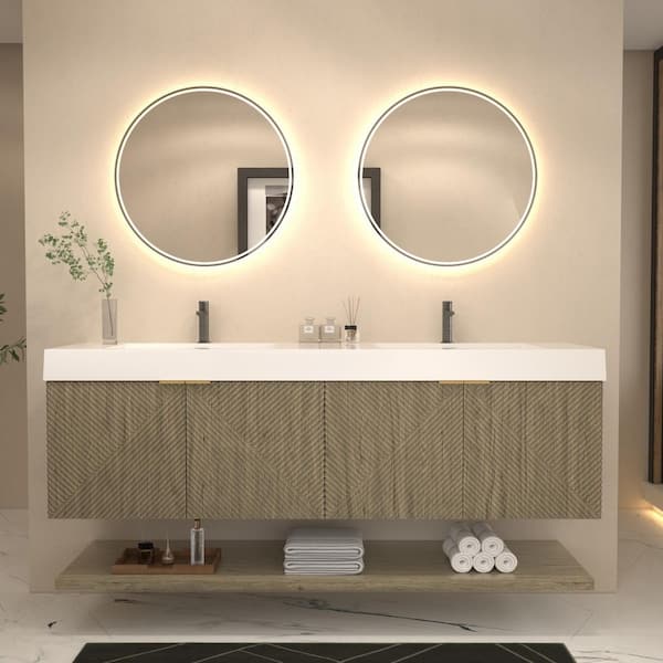 Stella 71 in. W x 20 in. D x 22 in. H Double Sink White Oak Bath Vanity with White Acrylic Top Floating Lower Shelf