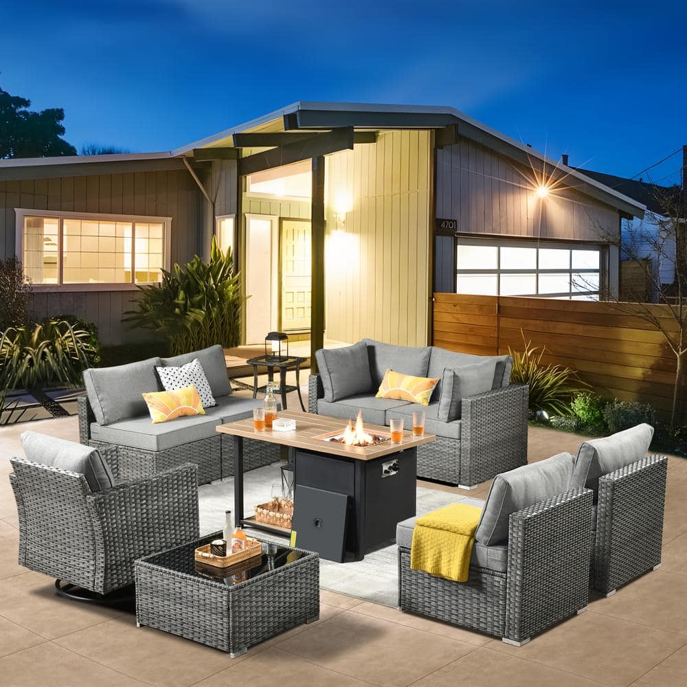 Daffodil N Gray 10-Piece Wicker Patio Storage Fire Pit Conversation Set with Swivel Rocking Chair and Dark Gray Cushions