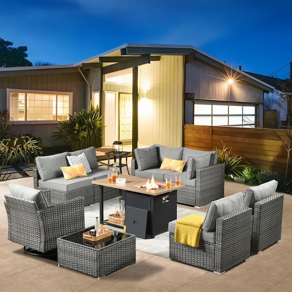 weaxty W Daffodil N Gray 10-Piece Wicker Patio Storage Fire Pit Conversation Set with Swivel Rocking Chair and Dark Gray Cushions