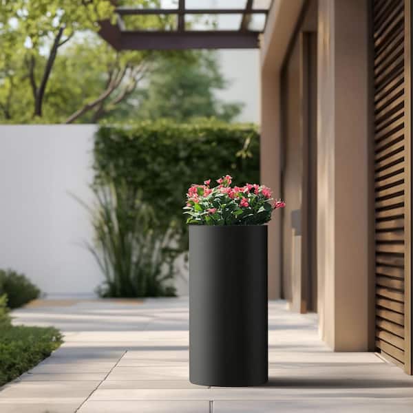 Sapcrete 14.5 in. Large Charcoal Black Concrete Round Planter / Pot with Drainage Holes