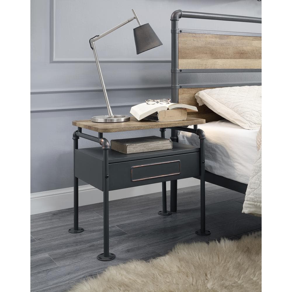 Industrial Oak and Gray Metal Nightstand with Drawer and Shelf