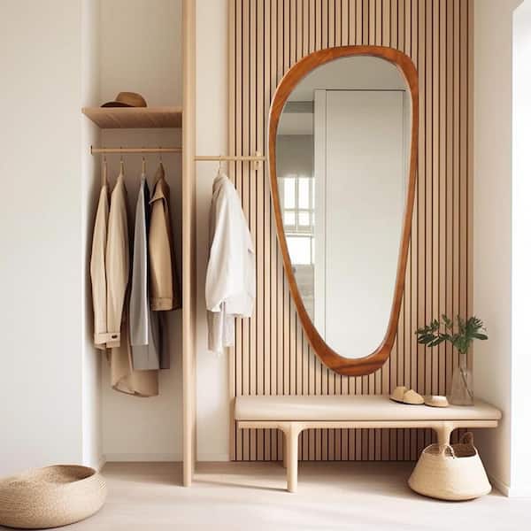 Sxiawe 22 in. W x 48.1 in. H Irregular Brown Natural Solid Wood Frame Decorative Mirror