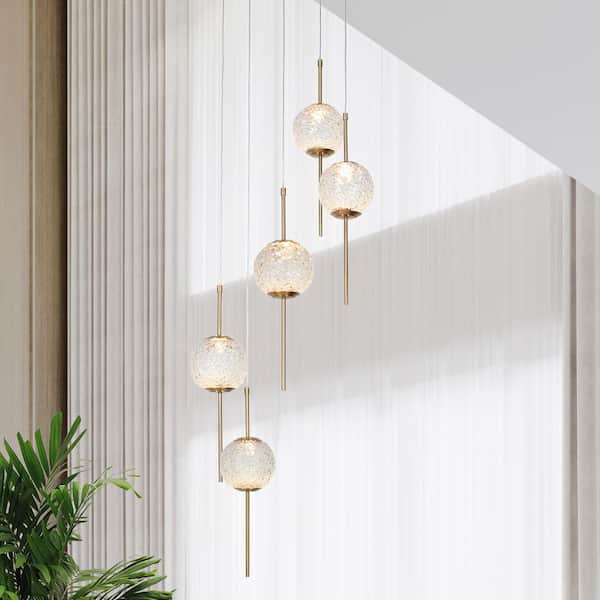 LNC Cenlindes 5-Light Integrated LED Plating Brass Cluster Chandelier Textured Glass Globe Pendant for Entry Foyer Staircase
