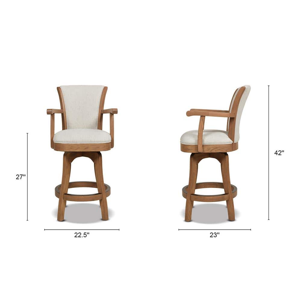 Classic Farmhouse 27" White Leather Swivel Bar Stool with Oak Arms
